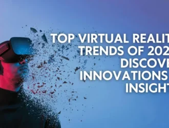 Person wearing a VR headset, with text "TOP VIRTUAL REALITY TRENDS OF 2025: DISCOVER INNOVATIONS & INSIGHTS