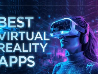 A person wearing a VR headset and headphones, immersed in a futuristic virtual reality environment, with "BEST VIRTUAL REALITY APPS" text.