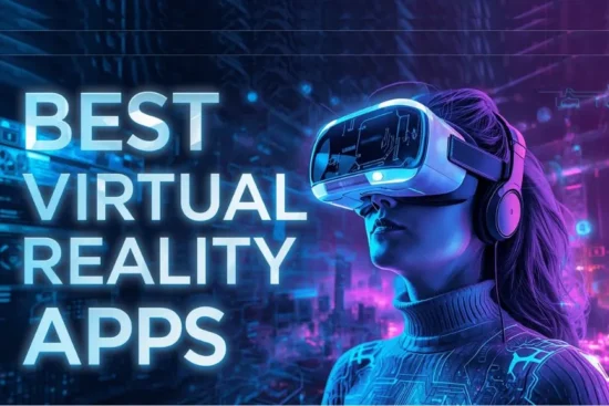 A person wearing a VR headset and headphones, immersed in a futuristic virtual reality environment, with "BEST VIRTUAL REALITY APPS" text.