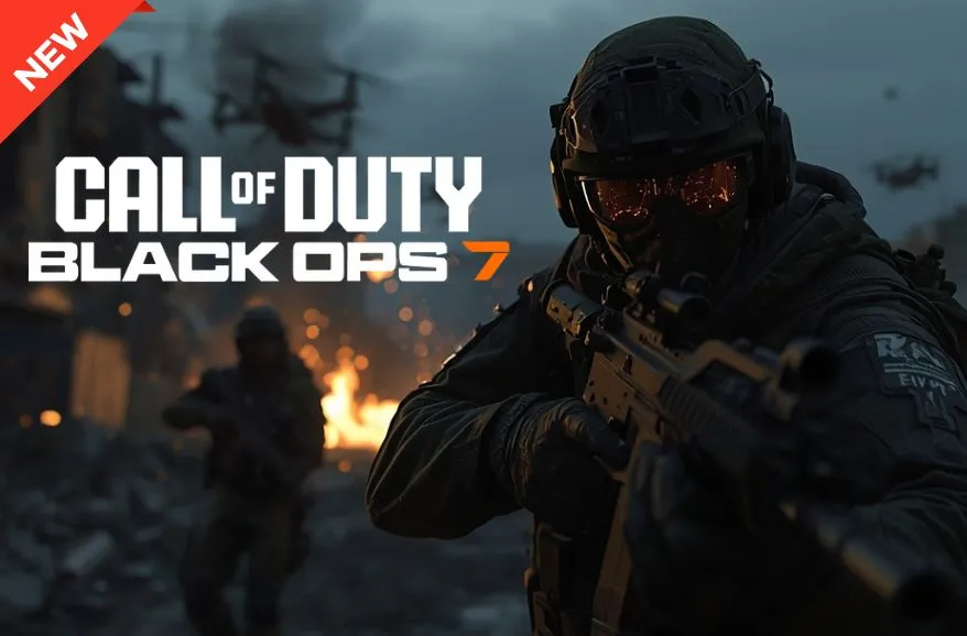 Call of Duty: Black Ops 7 game cover showing a soldier aiming a rifle in a combat zone with fire in the background.