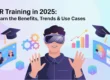 Man in VR headset with graduation caps, gears, charts, and screens, illustrating VR Training in 2025 benefits & trends.