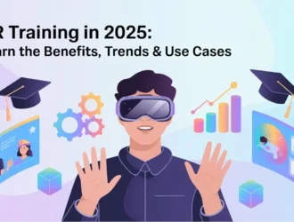 Man in VR headset with graduation caps, gears, charts, and screens, illustrating VR Training in 2025 benefits & trends.