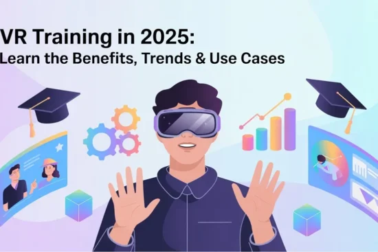Man in VR headset with graduation caps, gears, charts, and screens, illustrating VR Training in 2025 benefits & trends.