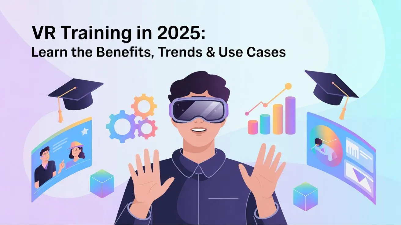Man in VR headset with graduation caps, gears, charts, and screens, illustrating VR Training in 2025 benefits & trends.