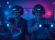Two excited people wearing VR headsets and holding controllers, immersed in a virtual reality gaming experience.
