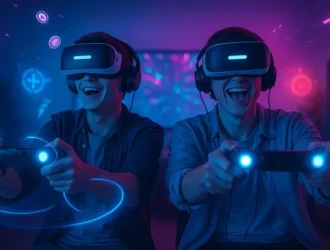 Two excited people wearing VR headsets and holding controllers, immersed in a virtual reality gaming experience.