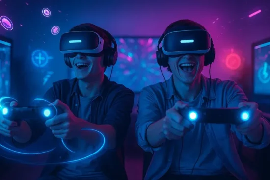 Two excited people wearing VR headsets and holding controllers, immersed in a virtual reality gaming experience.