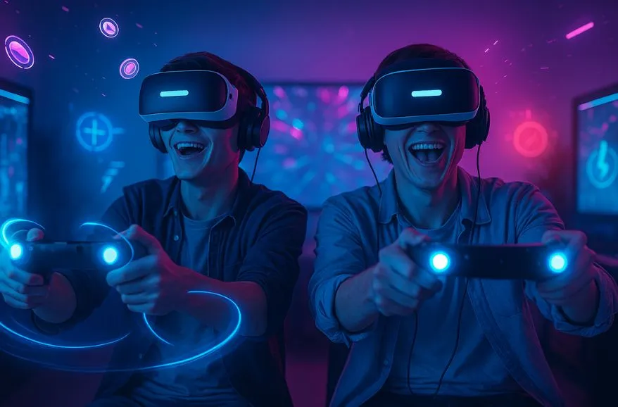 Two excited people wearing VR headsets and holding controllers, immersed in a virtual reality gaming experience.