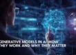 A woman in glasses points to a glowing, holographic brain on a screen with the text "GENERATIVE MODELS IN AI"