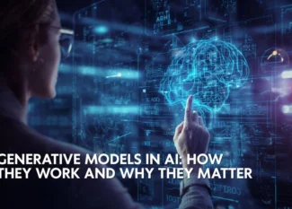 A woman in glasses points to a glowing, holographic brain on a screen with the text "GENERATIVE MODELS IN AI"