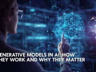 A woman in glasses points to a glowing, holographic brain on a screen with the text "GENERATIVE MODELS IN AI"