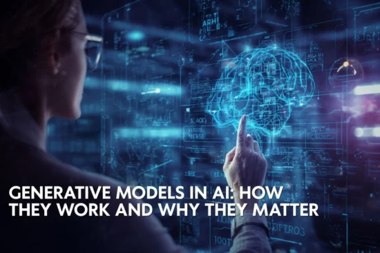 A woman in glasses points to a glowing, holographic brain on a screen with the text "GENERATIVE MODELS IN AI"