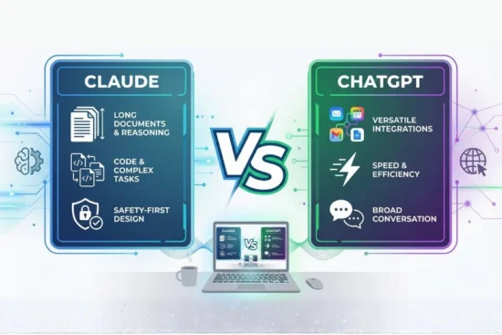 A comparison graphic contrasting the features of the AI models Claude and ChatGPT.
