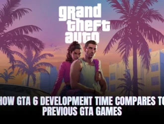 Grand Theft Auto VI key art with Lucia and Jason in Vice City, discussing GTA 6's development time comparison.
