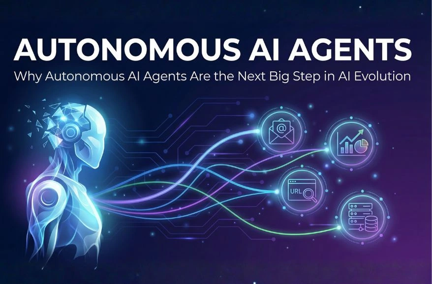 An illustration of an autonomous AI agent processing data from various sources like email, analytics, URLs, and databases.