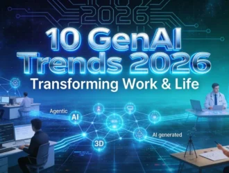 "10 GenAI Trends 2026 Transforming Work & Life" graphic featuring Agentic AI, AI generated, and 3D concepts.