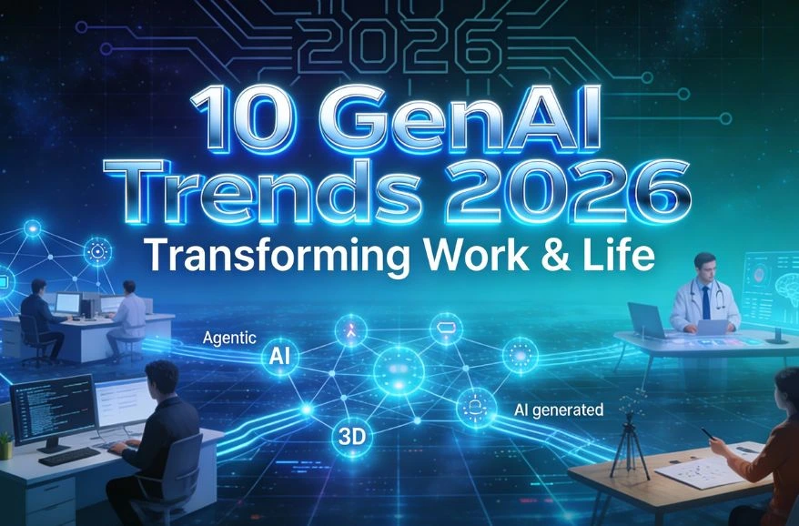 "10 GenAI Trends 2026 Transforming Work & Life" graphic featuring Agentic AI, AI generated, and 3D concepts.