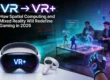 A VR headset & controller. Two people play a mixed reality game with holographic figures. Text: 'VR -> VR+'.