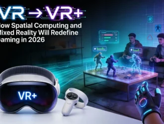 A VR headset & controller. Two people play a mixed reality game with holographic figures. Text: 'VR -> VR+'.
