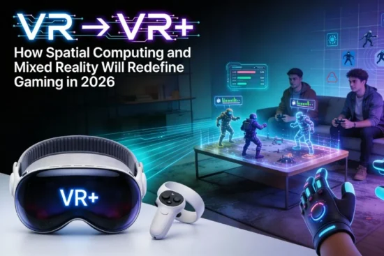 A VR headset & controller. Two people play a mixed reality game with holographic figures. Text: 'VR -> VR+'.