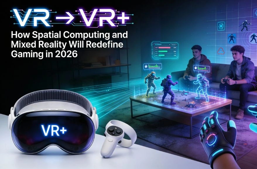 A VR headset & controller. Two people play a mixed reality game with holographic figures. Text: 'VR -> VR+'.
