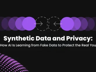 How AI Is Learning from Fake Data to Protect the Real You" with a purple graphic.