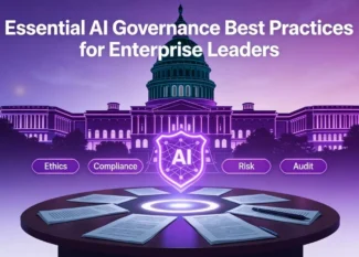 AI governance graphic featuring the U.S. Capitol, an "AI" shield, and labels for Ethics, Compliance, Risk, and Audit.