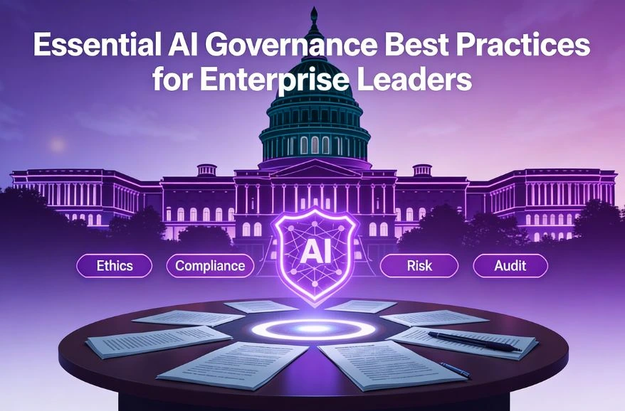 AI governance graphic featuring the U.S. Capitol, an "AI" shield, and labels for Ethics, Compliance, Risk, and Audit.