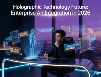 A man works at a futuristic desk with holographic displays and an AR figure, titled "Enterprise AR Integration in 2026."