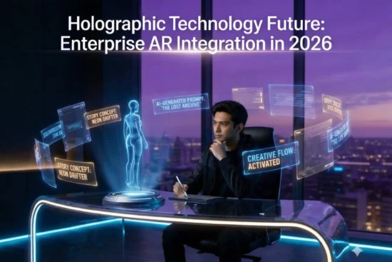 A man works at a futuristic desk with holographic displays and an AR figure, titled "Enterprise AR Integration in 2026."