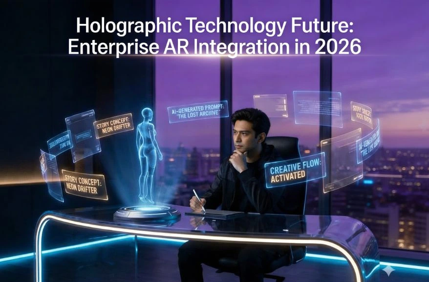 A man works at a futuristic desk with holographic displays and an AR figure, titled "Enterprise AR Integration in 2026."