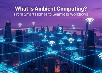 An skyline of a city at night with digital overlays of glowing laptops and Wi-Fi symbols connected by a blue network web.