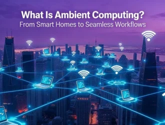 An skyline of a city at night with digital overlays of glowing laptops and Wi-Fi symbols connected by a blue network web.