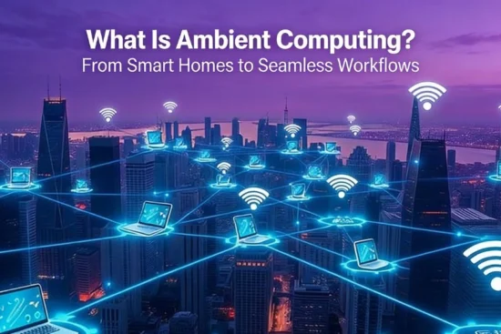 An skyline of a city at night with digital overlays of glowing laptops and Wi-Fi symbols connected by a blue network web.