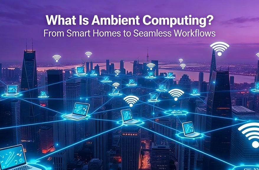 An skyline of a city at night with digital overlays of glowing laptops and Wi-Fi symbols connected by a blue network web.