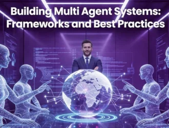 Graphic: "Building Multi Agent Systems" title over a businessman, digital globe, and translucent AI humanoids.