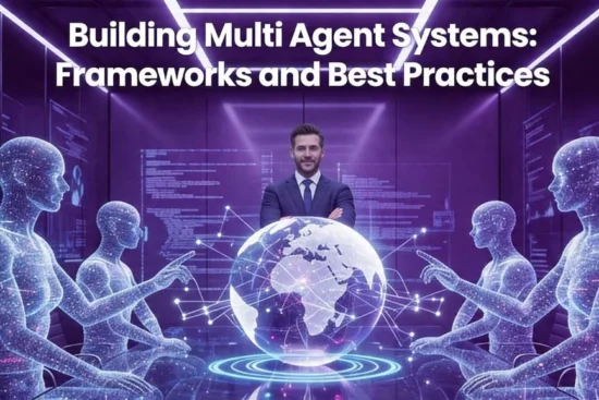 Graphic: "Building Multi Agent Systems" title over a businessman, digital globe, and translucent AI humanoids.