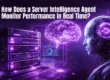Robot and glowing brain by servers. Text: How Does a Server Intelligence Agent Monitor Performance in Real Time?