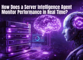 Robot and glowing brain by servers. Text: How Does a Server Intelligence Agent Monitor Performance in Real Time?
