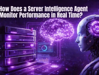 Robot and glowing brain by servers. Text: How Does a Server Intelligence Agent Monitor Performance in Real Time?