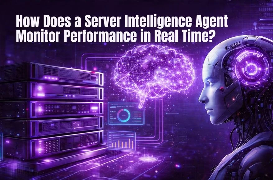 Robot and glowing brain by servers. Text: How Does a Server Intelligence Agent Monitor Performance in Real Time?