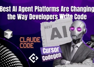 A robot in a suit stands by "Claude Code" and "Cursor Codegen" logos under text about AI agent platforms for coding.