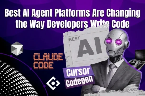 A robot in a suit stands by "Claude Code" and "Cursor Codegen" logos under text about AI agent platforms for coding.
