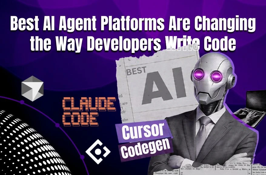 A robot in a suit stands by "Claude Code" and "Cursor Codegen" logos under text about AI agent platforms for coding.