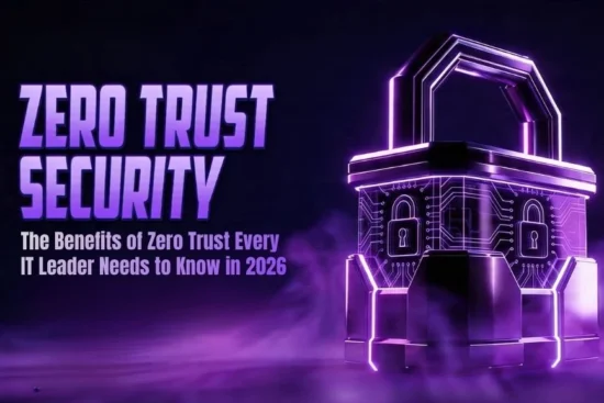 A digital padlock glowing purple next to text: "Zero Trust Security: The Benefits Every IT Leader Needs to Know in 2026."