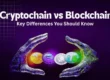 Graphic titled "Cryptochain vs Blockchain" showing four glowing crypto coins held between two stylized, purple hands.