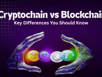 Graphic titled "Cryptochain vs Blockchain" showing four glowing crypto coins held between two stylized, purple hands.