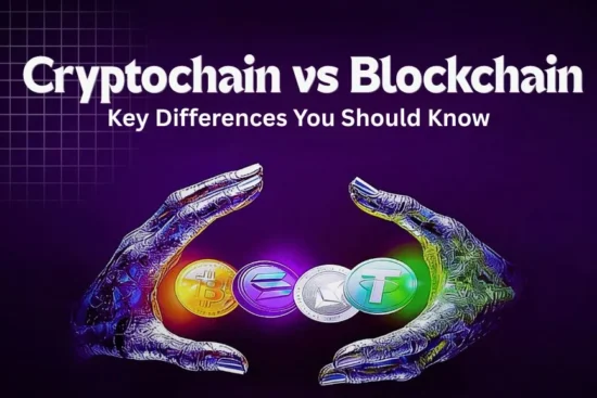 Graphic titled "Cryptochain vs Blockchain" showing four glowing crypto coins held between two stylized, purple hands.