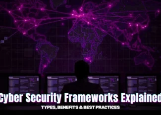Alt text: Silhouette of a person before a world map of purple digital connections titled "Cyber Security Frameworks Explained."