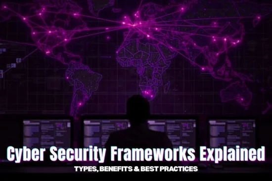 Alt text: Silhouette of a person before a world map of purple digital connections titled "Cyber Security Frameworks Explained."
